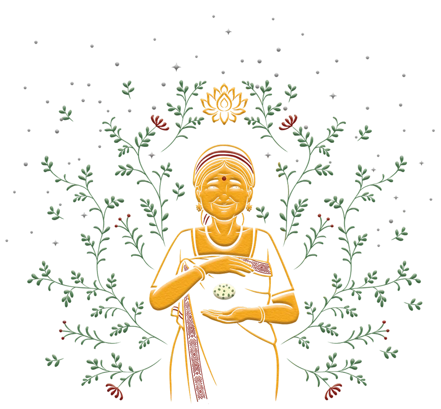 Illustration of a brewmaster figure in traditional clothing with botanicals